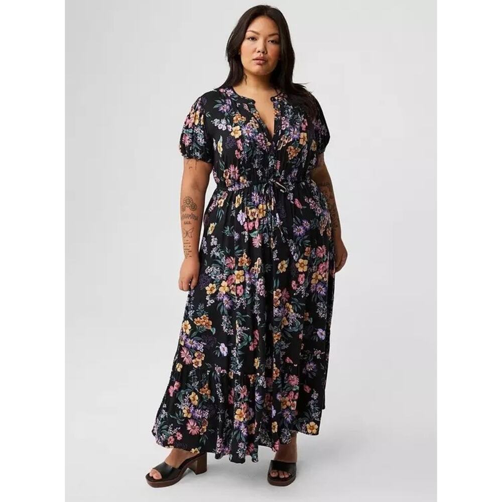Torrid 4x Maxi Dress Black Floral Pin Tuck Cottagecore Boho Praire Whimsigoth